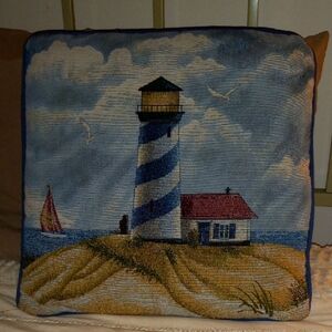 Lighthouse Boat Beach House Summer Tapestry Pillow